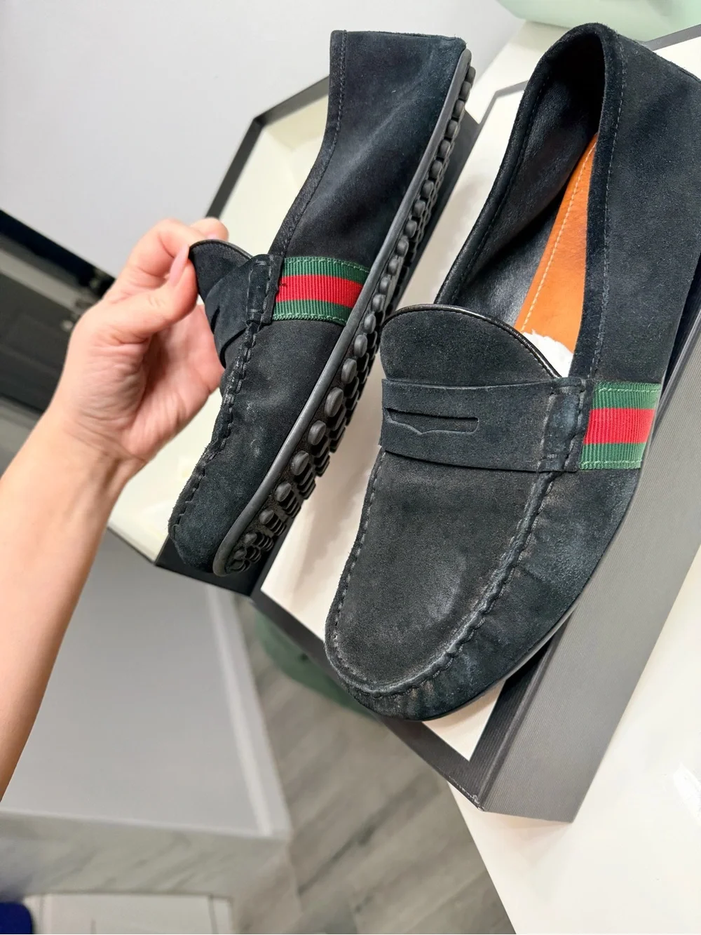 Gucci Black Suede Penny Loafers for Men size 10